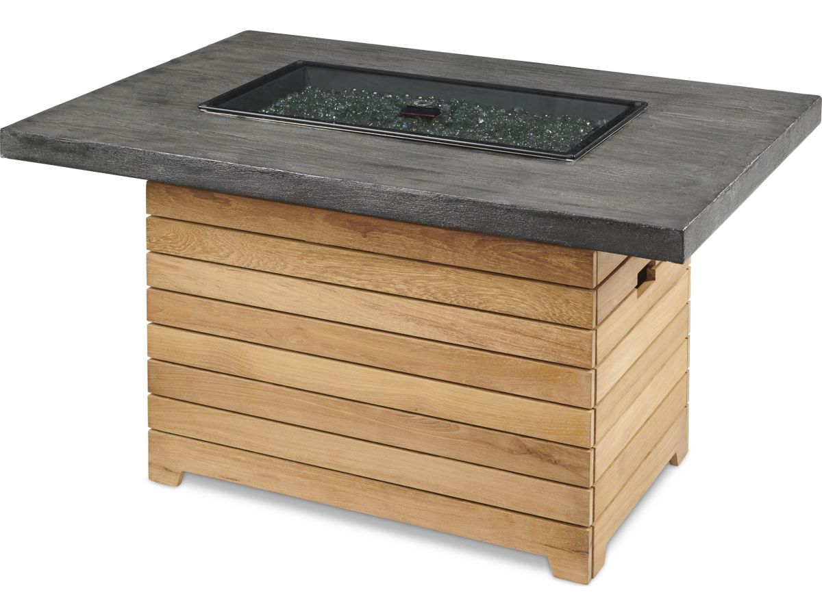 Darien Teak Rectangular Gas Fire Pit Table w/ Grey Aluminum Top : outdoor-patio