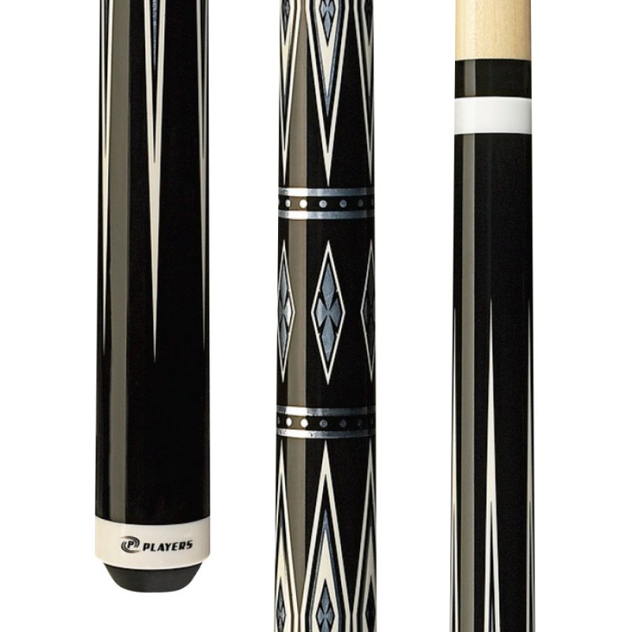 Players G-3372 Black White Silver 6PT Diamond Inset Design 2pc Pool Cue : pool-tables